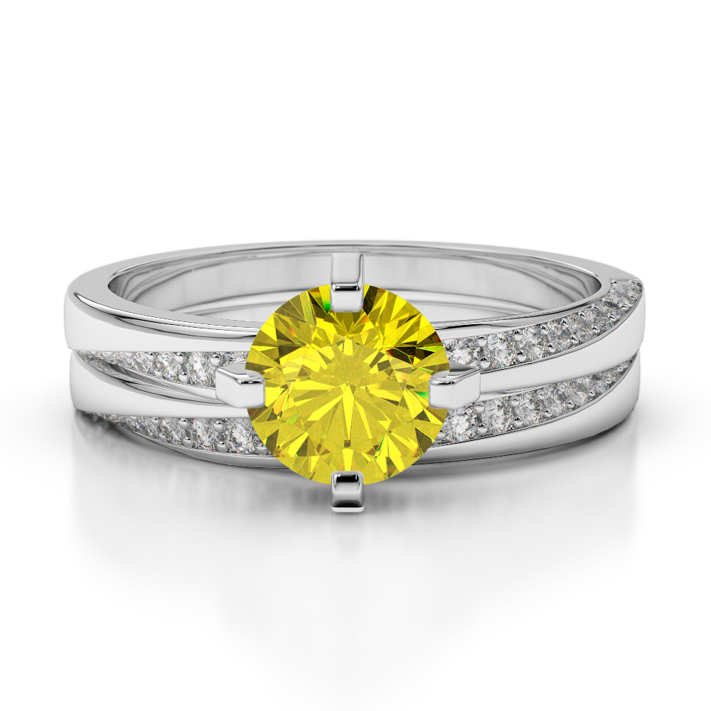 Gold / Platinum Round cut Yellow Sapphire and Diamond Bridal Set Ring AGDR-2001