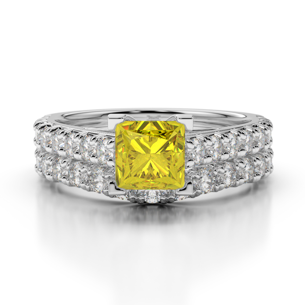 Gold / Platinum Round and Princess cut Yellow Sapphire and Diamond Bridal Set Ring AGDR-2007
