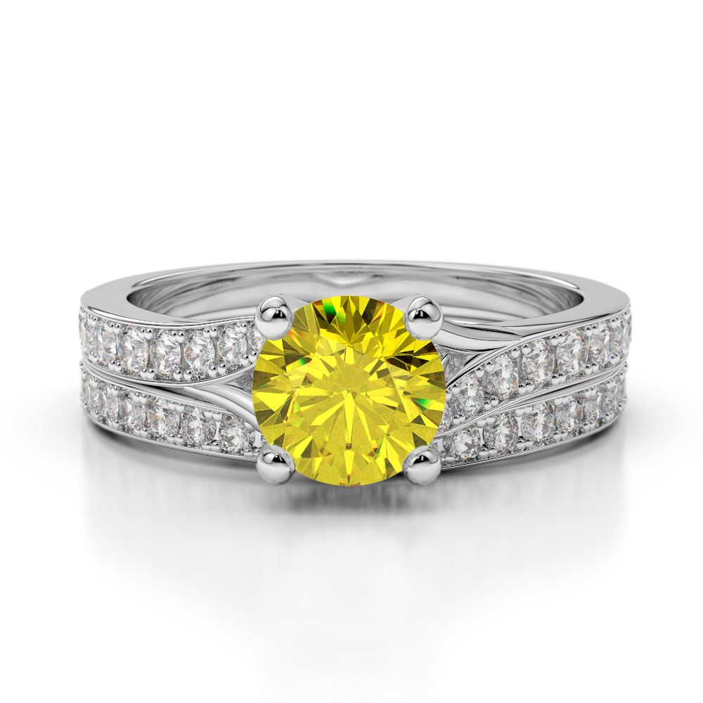 Gold / Platinum Round cut Yellow Sapphire and Diamond Bridal Set Ring AGDR-2011