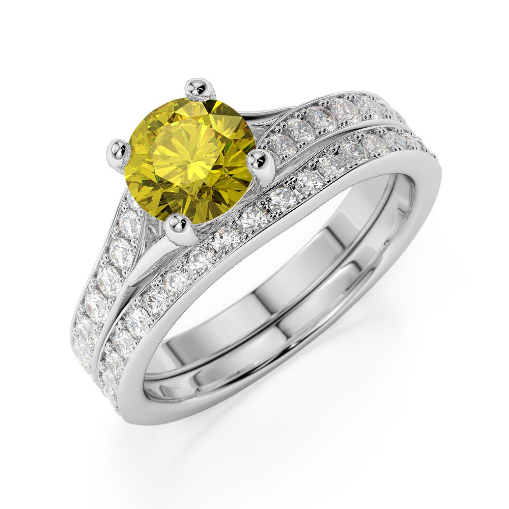 Gold / Platinum Round cut Yellow Sapphire and Diamond Bridal Set Ring AGDR-2011