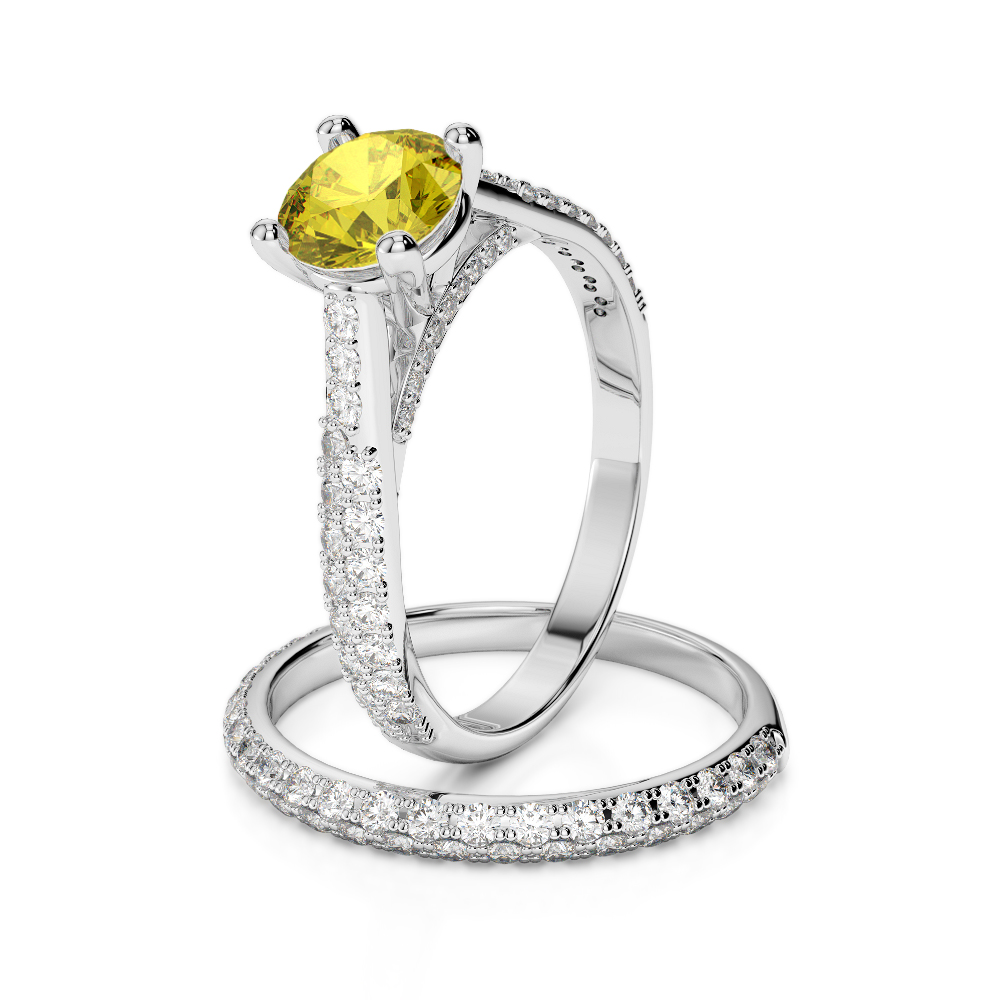 Gold / Platinum Round cut Yellow Sapphire and Diamond Bridal Set Ring AGDR-2013