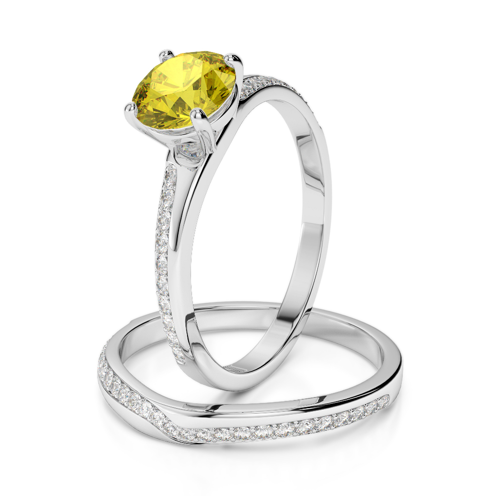 Gold / Platinum Round cut Yellow Sapphire and Diamond Bridal Set Ring AGDR-2015