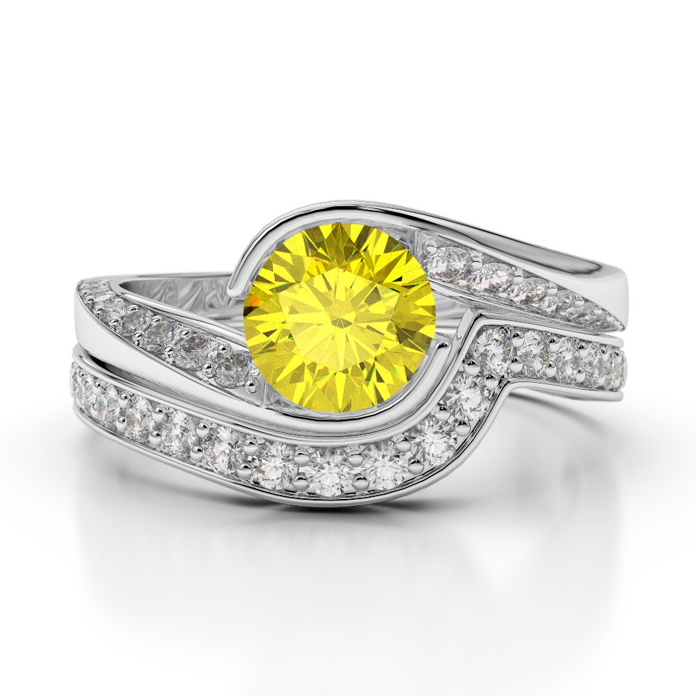 Gold / Platinum Round cut Yellow Sapphire and Diamond Bridal Set Ring AGDR-2019