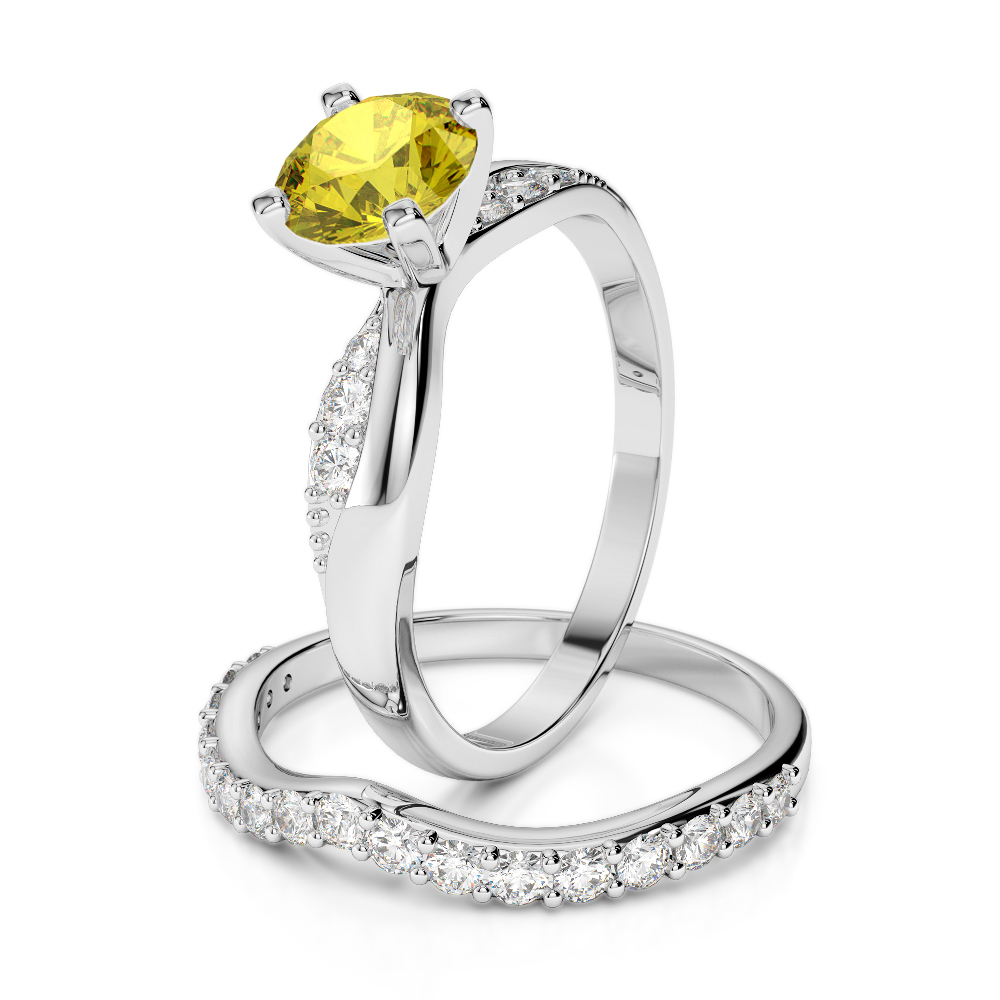 Gold / Platinum Round cut Yellow Sapphire and Diamond Bridal Set Ring AGDR-2023