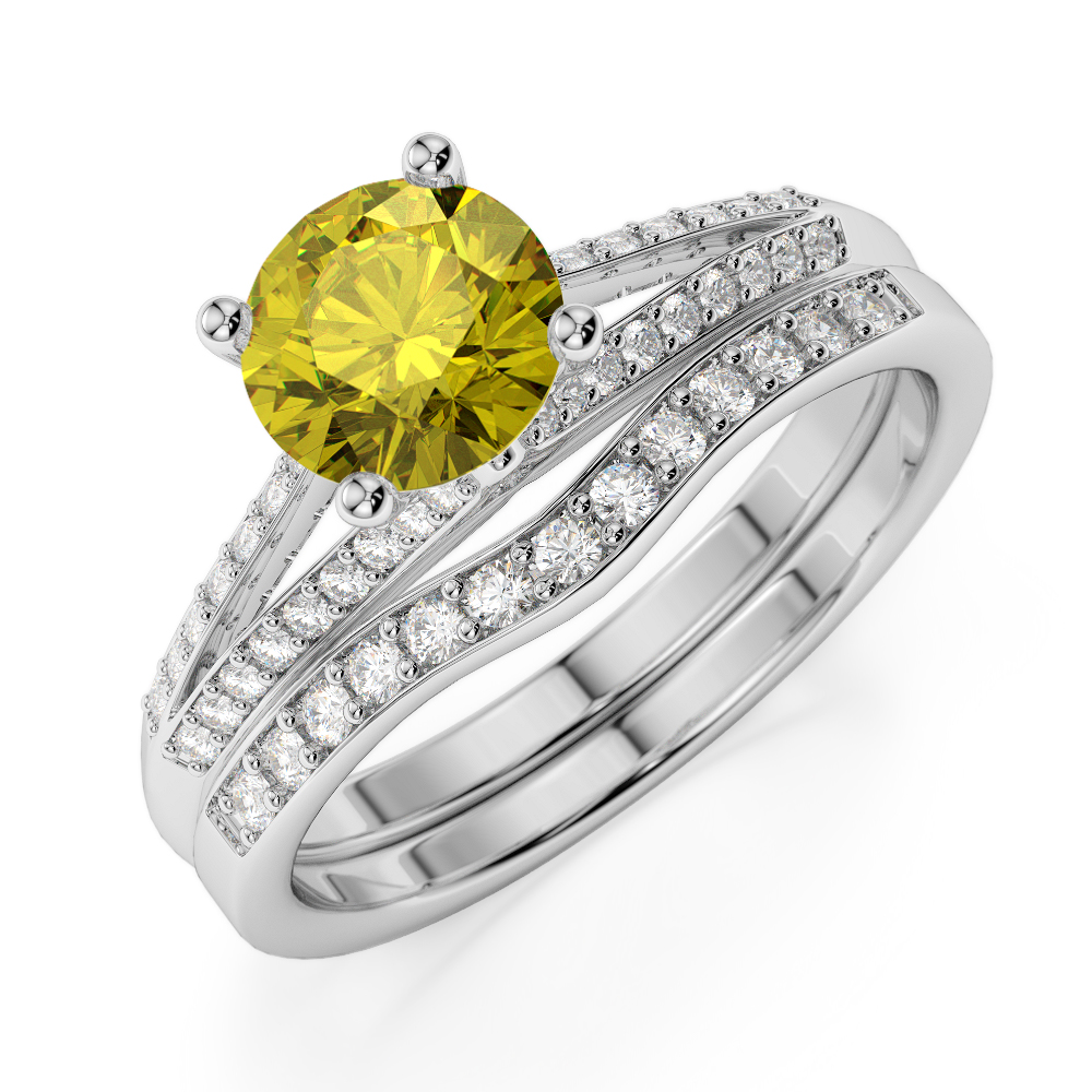 Gold / Platinum Round cut Yellow Sapphire and Diamond Bridal Set Ring AGDR-2037