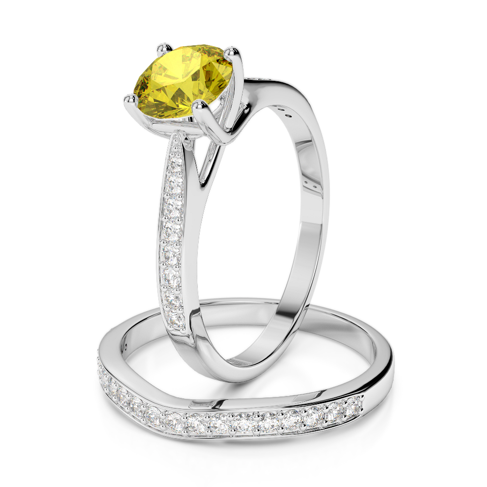 Gold / Platinum Round cut Yellow Sapphire and Diamond Bridal Set Ring AGDR-2053