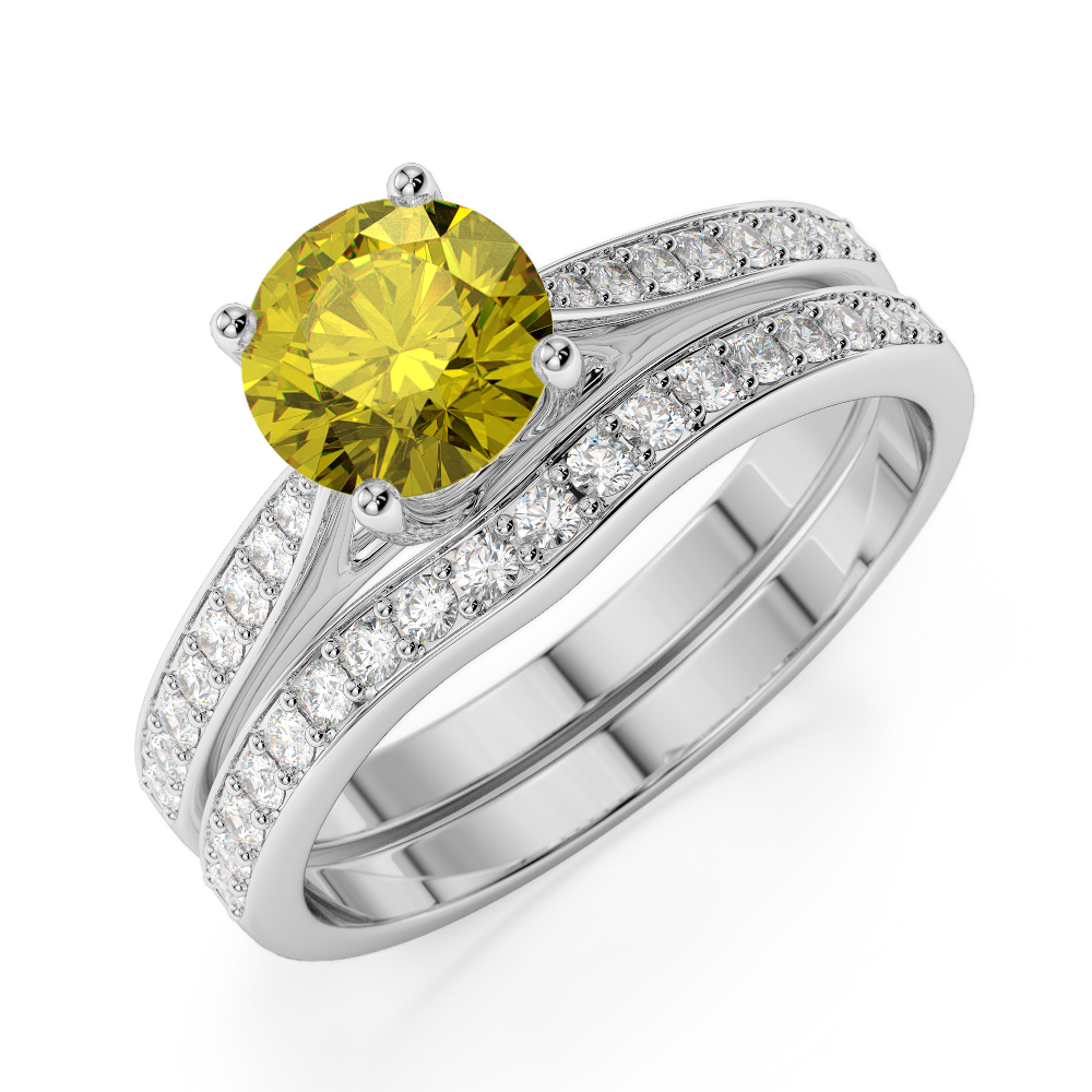 Gold / Platinum Round cut Yellow Sapphire and Diamond Bridal Set Ring AGDR-2053