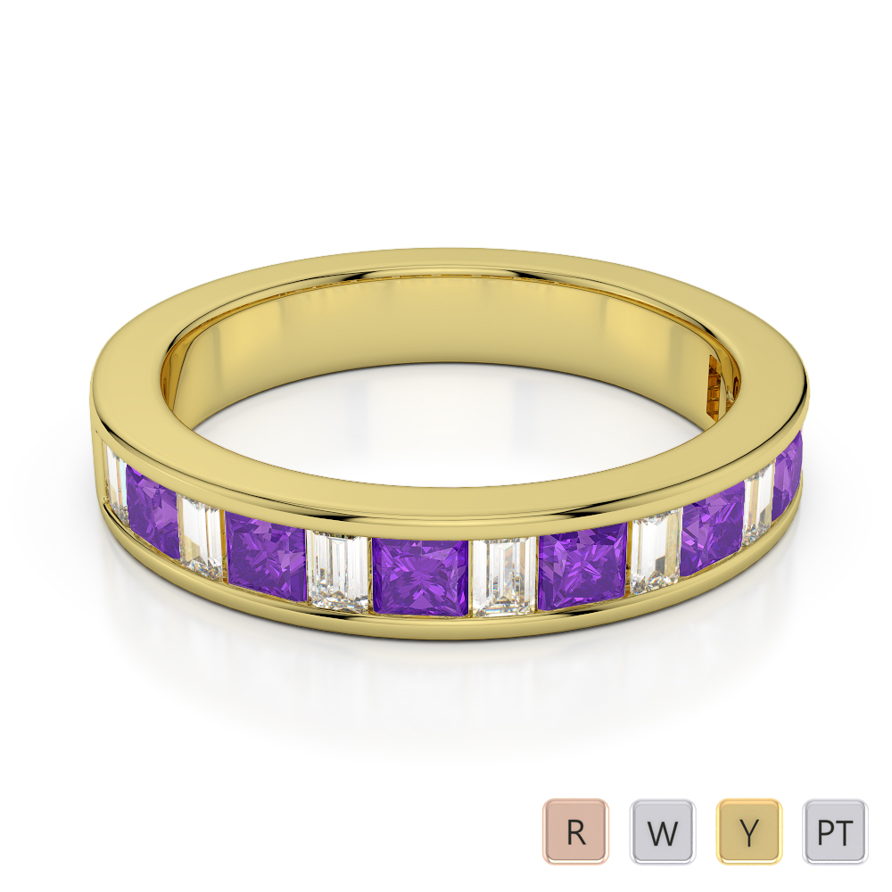 4 MM Gold / Platinum Princess and Baguette Cut Amethyst and Diamond Half Eternity Ring AGDR-1143