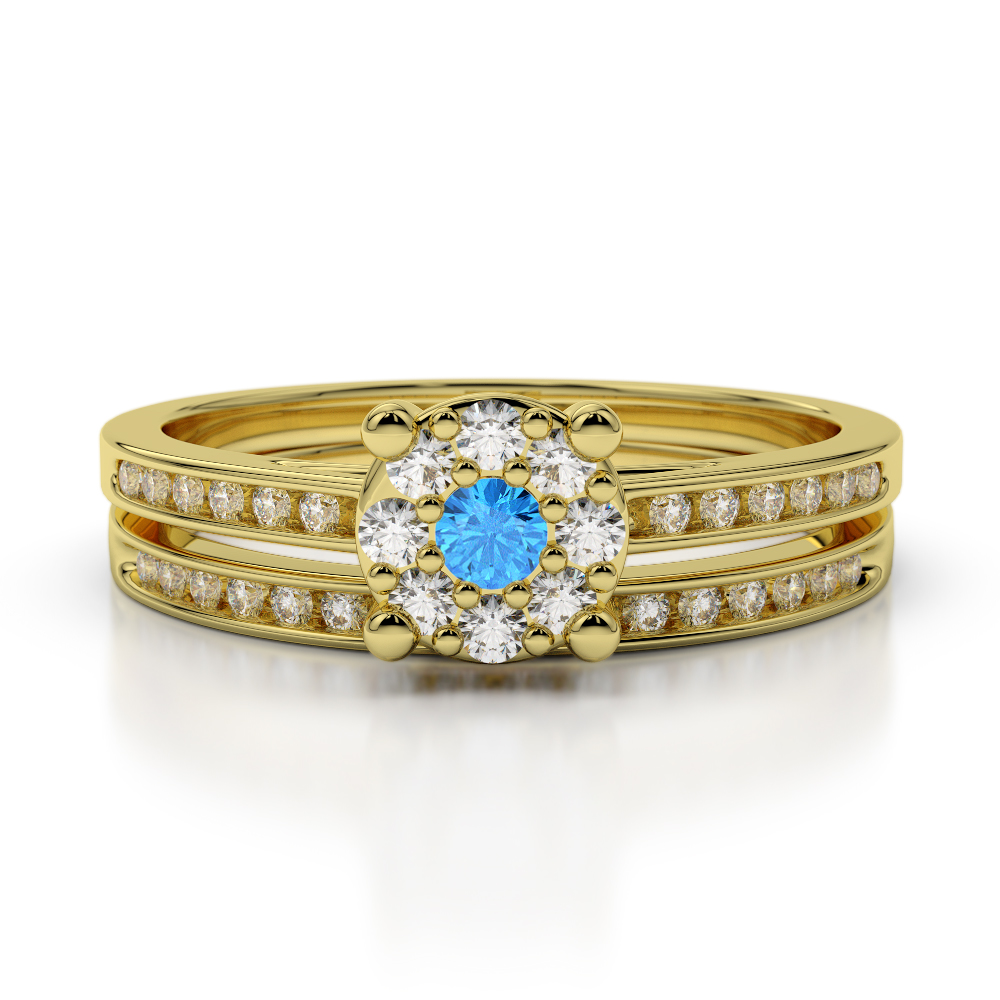 Gold / Platinum Round cut Blue Topaz and Diamond Bridal Set Ring AGDR-1052