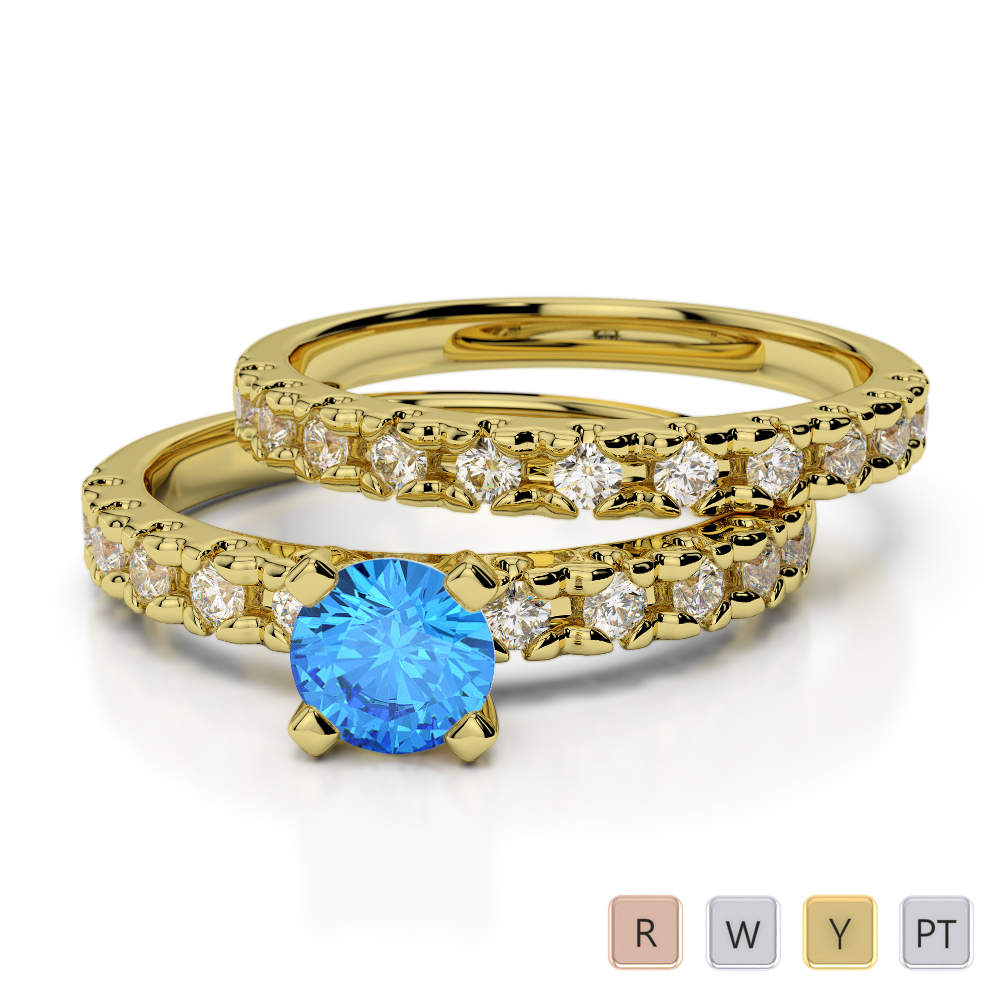 Gold / Platinum Round cut Blue Topaz and Diamond Bridal Set Ring AGDR-1144
