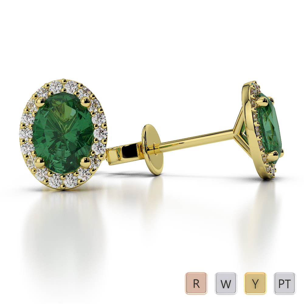 Oval Shape Emerald & Round Cut Diamond Earrings in Gold / Platinum AGER-1072