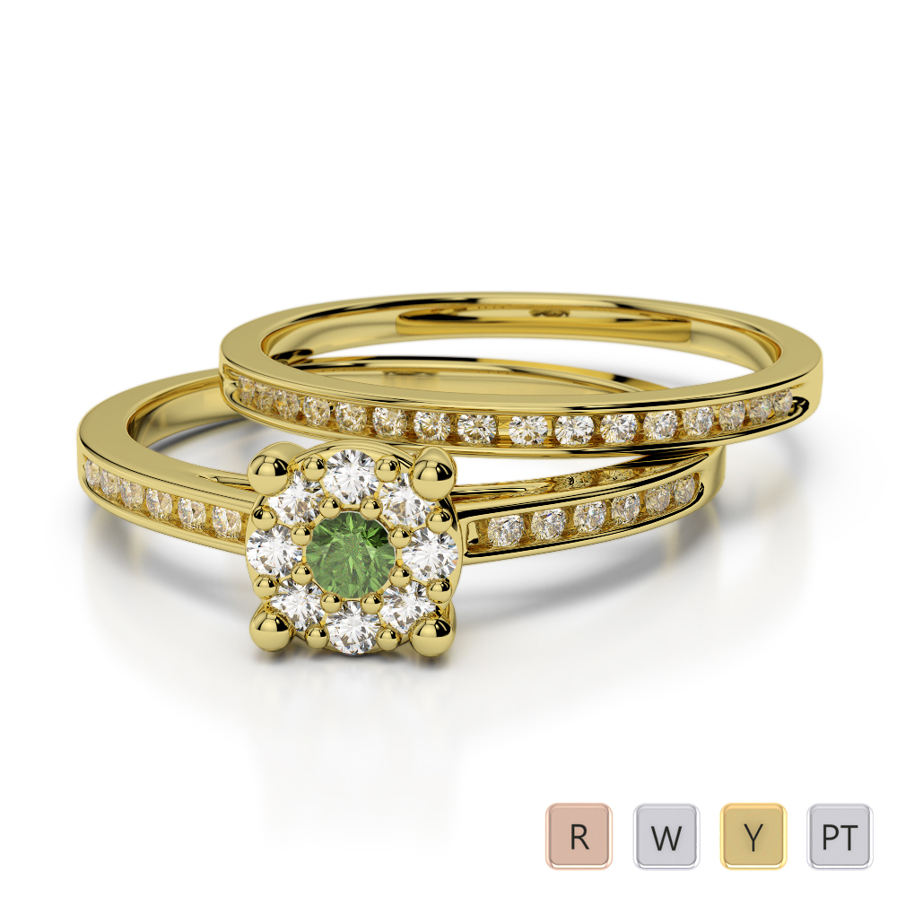 Gold / platinum round cut green tourmaline and diamond bridal set ring
