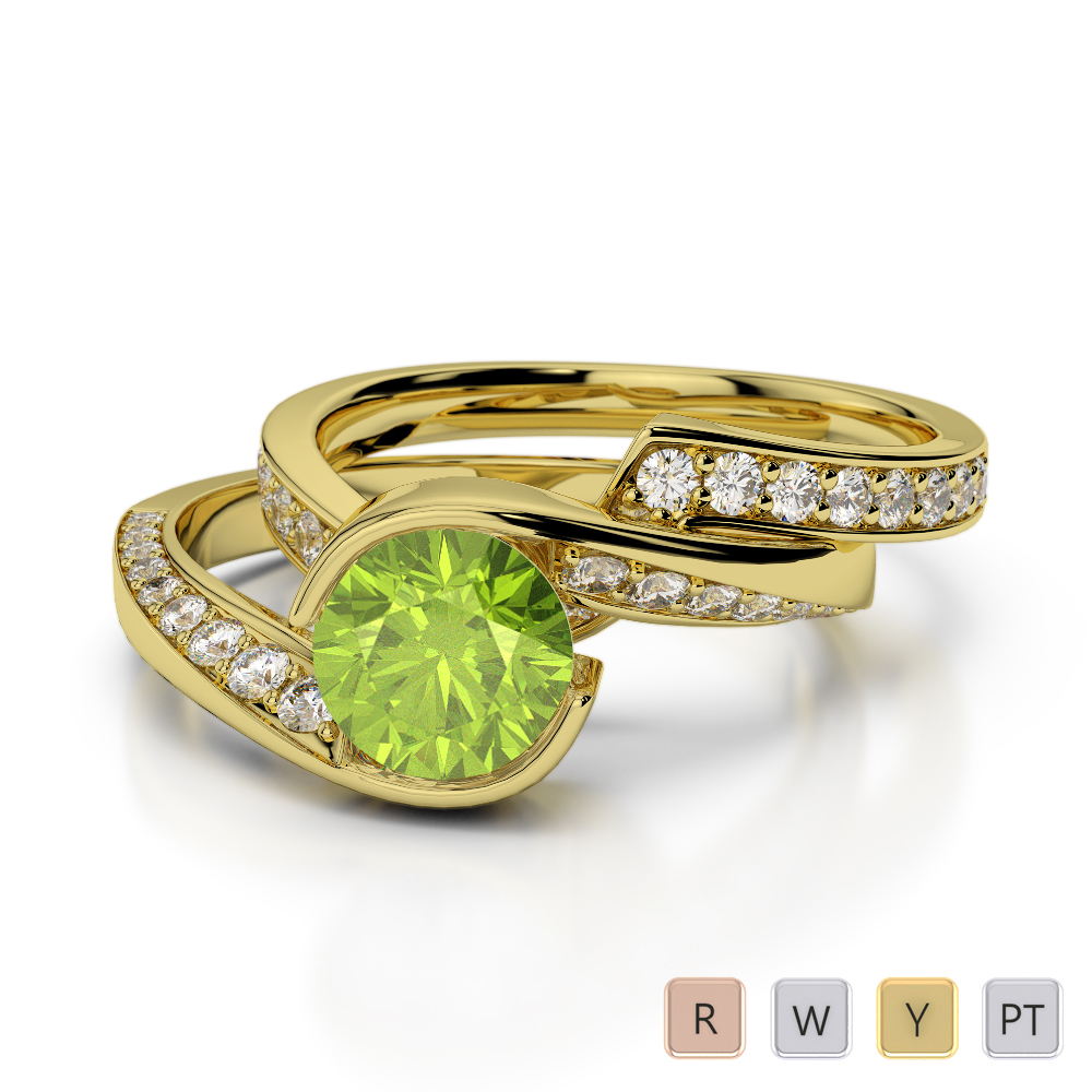 Gold platinum round cut peridot and diamond  bridal  set 