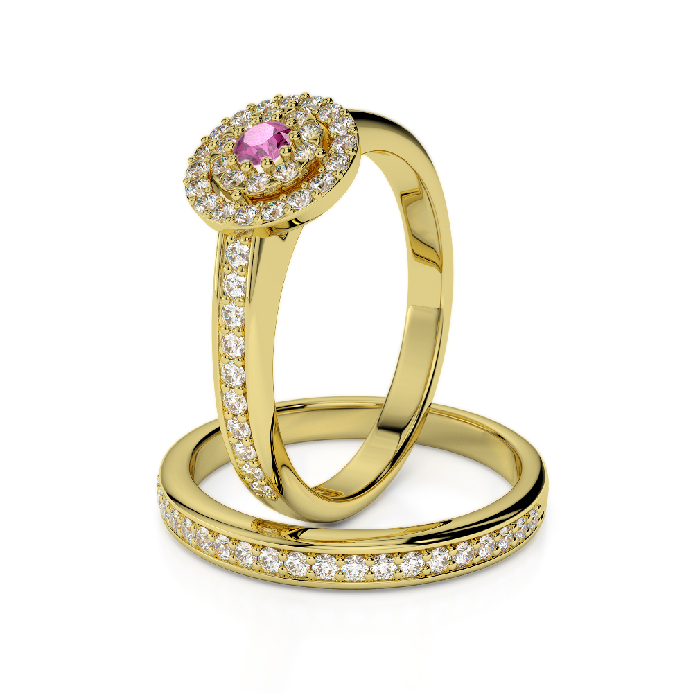 Gold / Platinum Round cut Pink Sapphire and Diamond Bridal Set Ring AGDR-1239