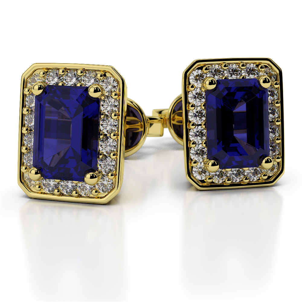 Blue Sapphire Earrings With Round Cut Diamond in Gold / Platinum AGER-1063